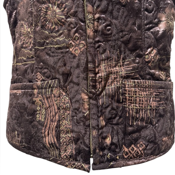 Chico’s Jacquard Quilted Vest Brown Metallic Pattern Zip Front Size 0 XS - Picture 5 of 14